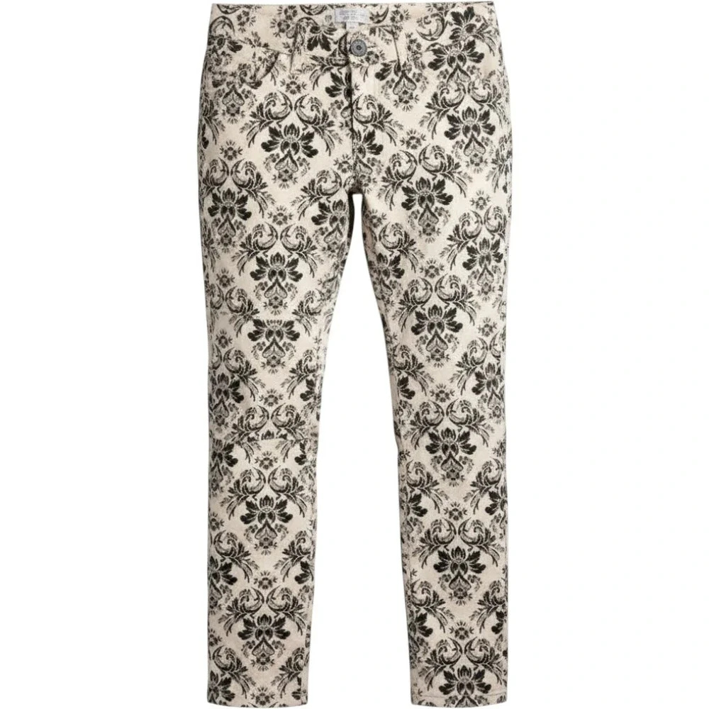 Free People Women Skinny Jeans Damask Print 25 Cream Black Boho Edgy Ornate Chic